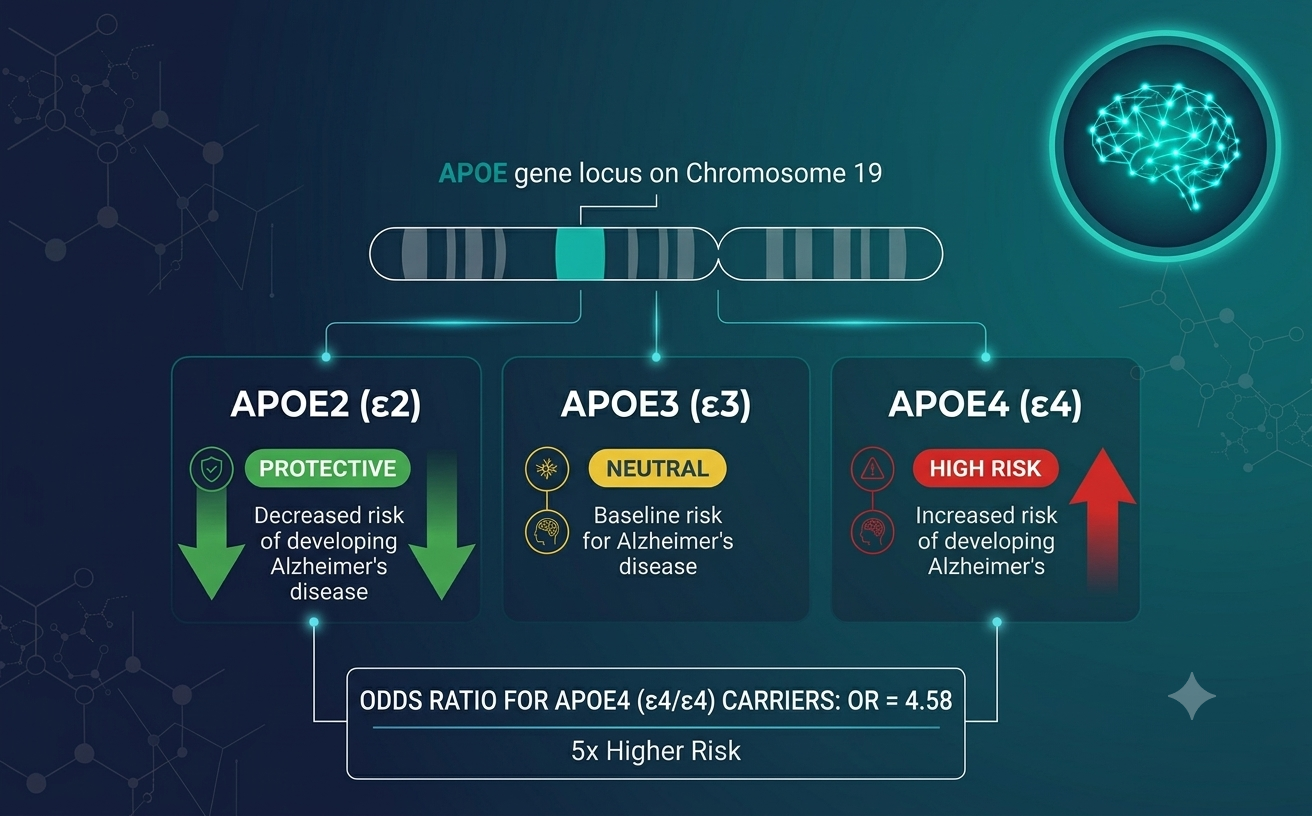 APOE gene variants and Alzheimer's disease risk: APOE2 protective, APOE3 neutral, APOE4 high risk with odds ratio 4.58
